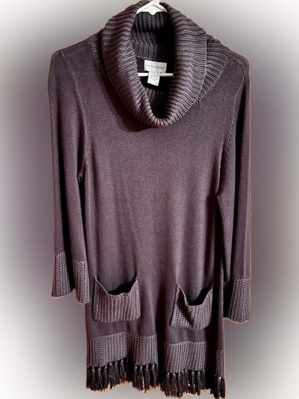Soft Surroundings Montreux Navy Blue Cowl Neck Fringe Sweater Dress Tunic MP Boh